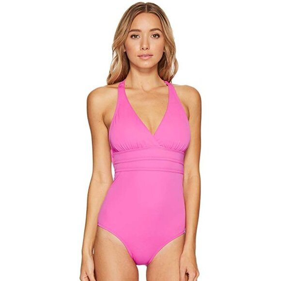 Solid Crisscross One-Piece Bodysuit Pink Swimwear Empire Waist Pink 14 Athena - Picture 4 of 4